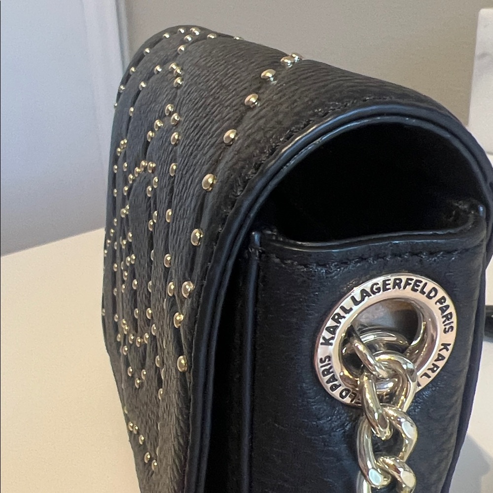 Karl Lagerfeld Gold Studded Paris Flora Crossbody Bag in Black Leather - Picture 3 of 11